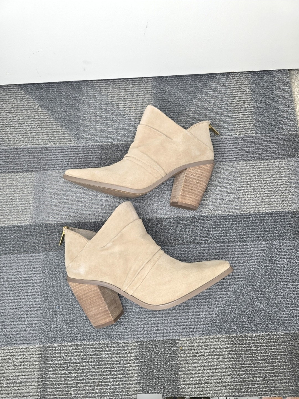 Vince Camuto Ainsley Tan Suede Ankle Booties with Stacked Heel